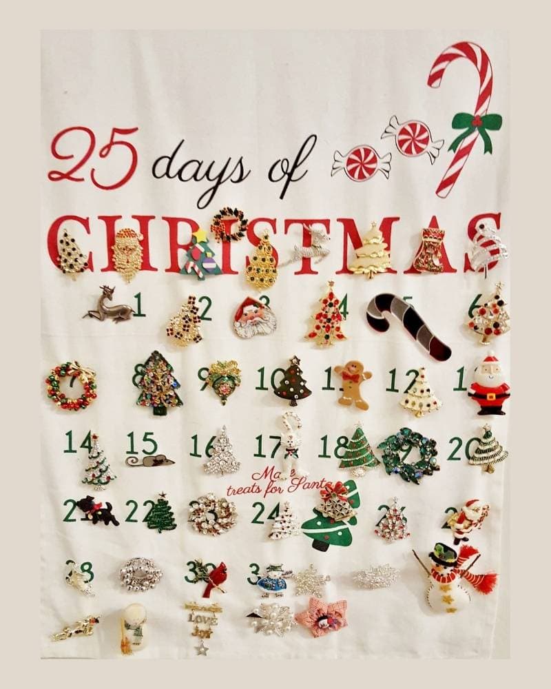 Christmas tree pins displayed on an advent calendar