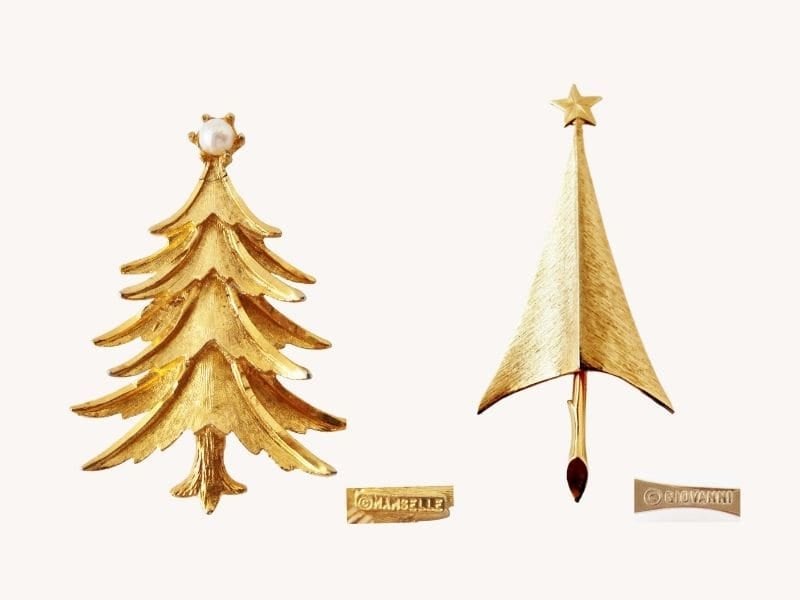 pair of two gold vintage christmas tree pins