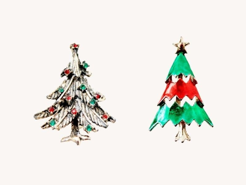 Two vintage Christmas tree ornaments: 1 silver, 1 red and green enamel