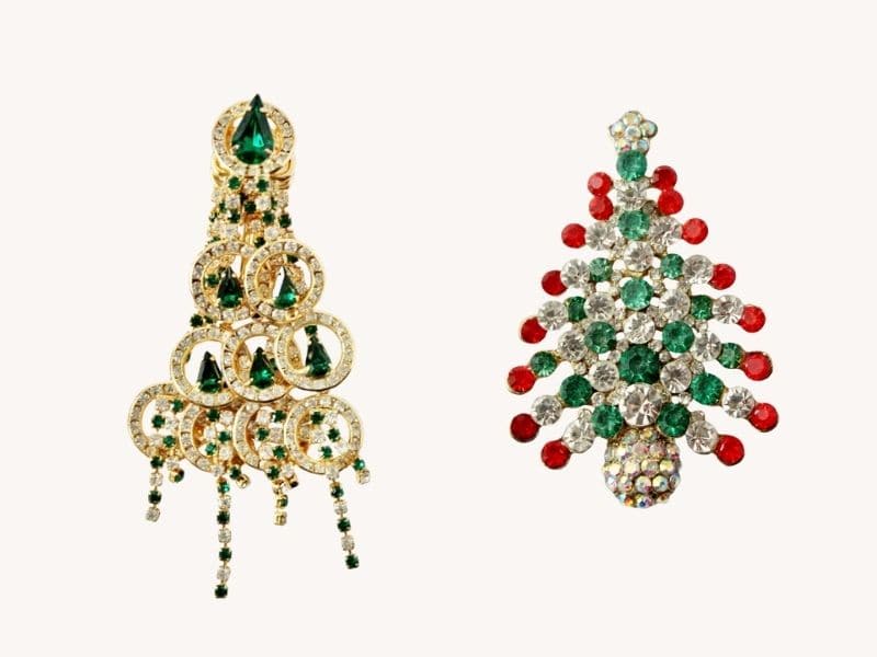 2 vintage Christmas tree pins filled with rhinestones