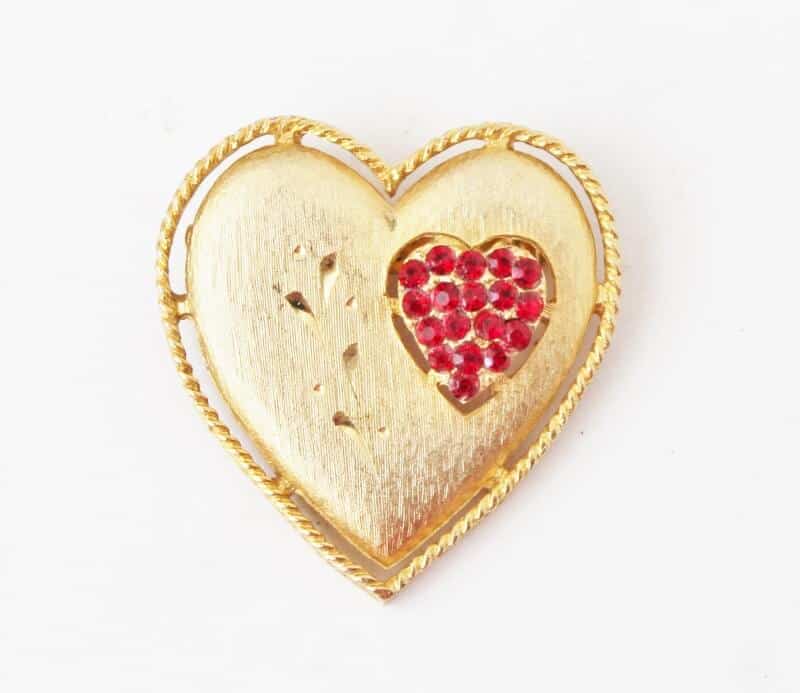 Vintage gold tone heart with red stone heart decoration