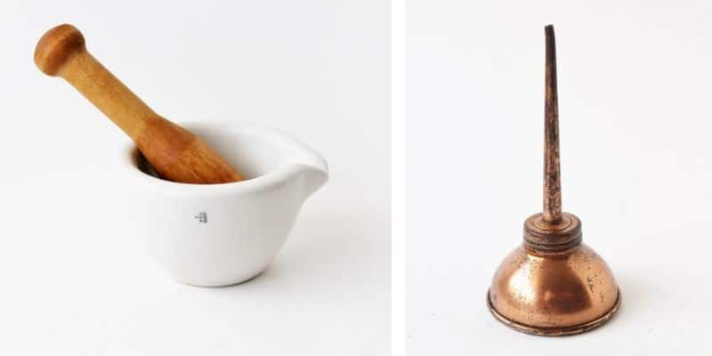mortar & pestle and copper oil can