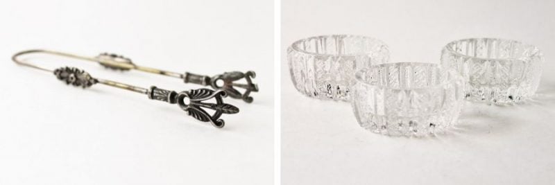 what's selling in vintage & antiques: silverplated ice tongs and crystal salt cellars