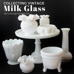 milk glass collection with text: Collecting vintage milk glass