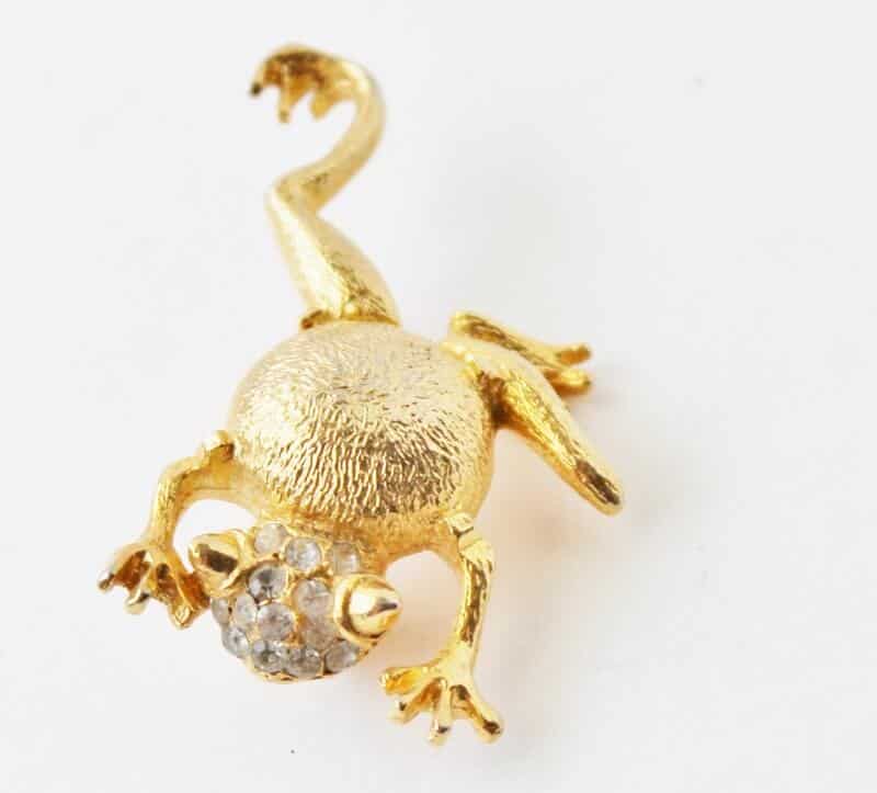 gold and rhinestone tree frog pin
