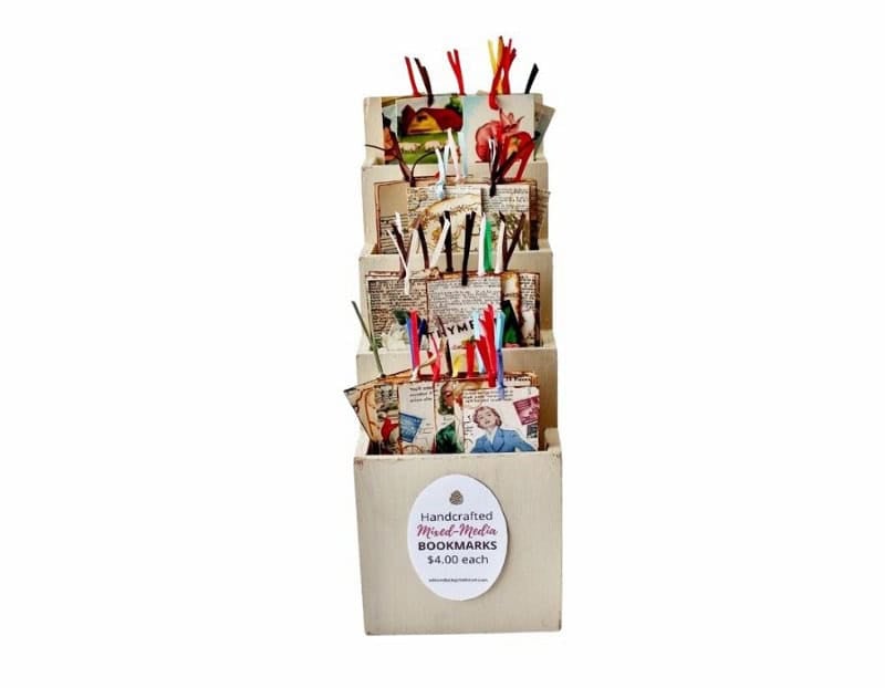 Handmade vintage sewing pattern bookmarks on display for sale.