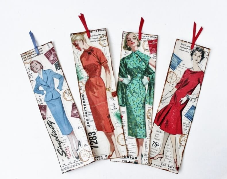 4 vintage sewing pattern bookmarkes featuring lovely young women in cool outfits--2 red, one green, and one blue