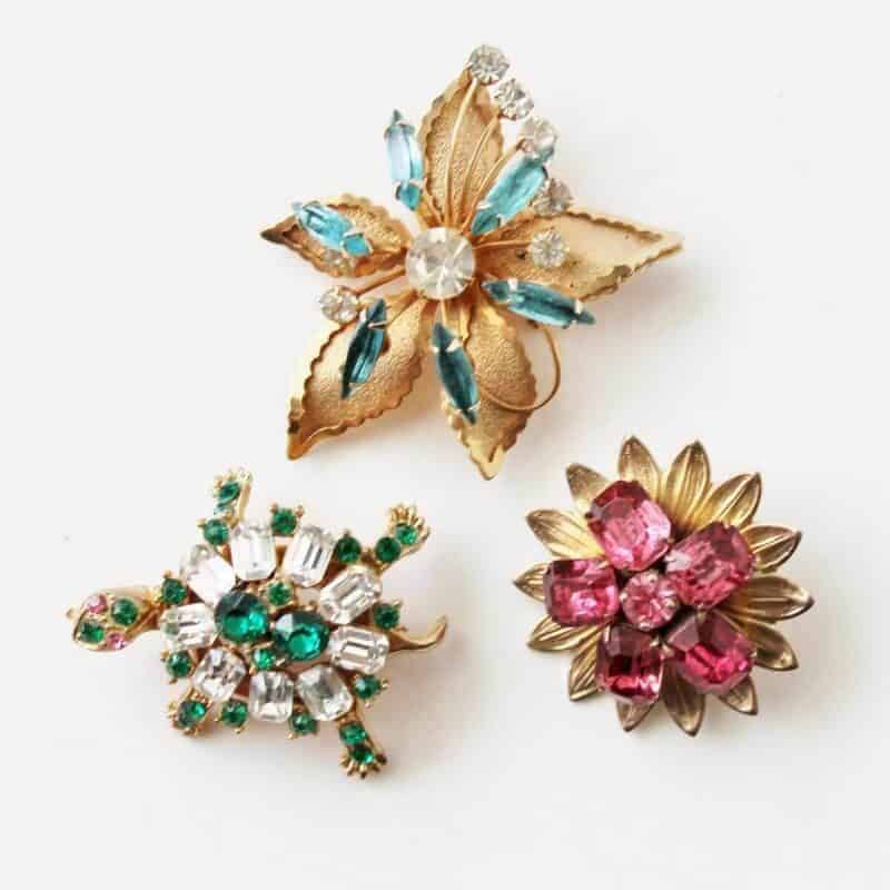 what's selling in vintage and antiques: 3 vintage brooches: flower, turtle, round with pink rhinestones