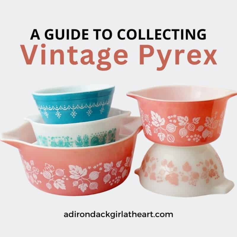 a Guide to collecting vintage pyrex: shows pink, white, and blue pyrex bowls and casseroles