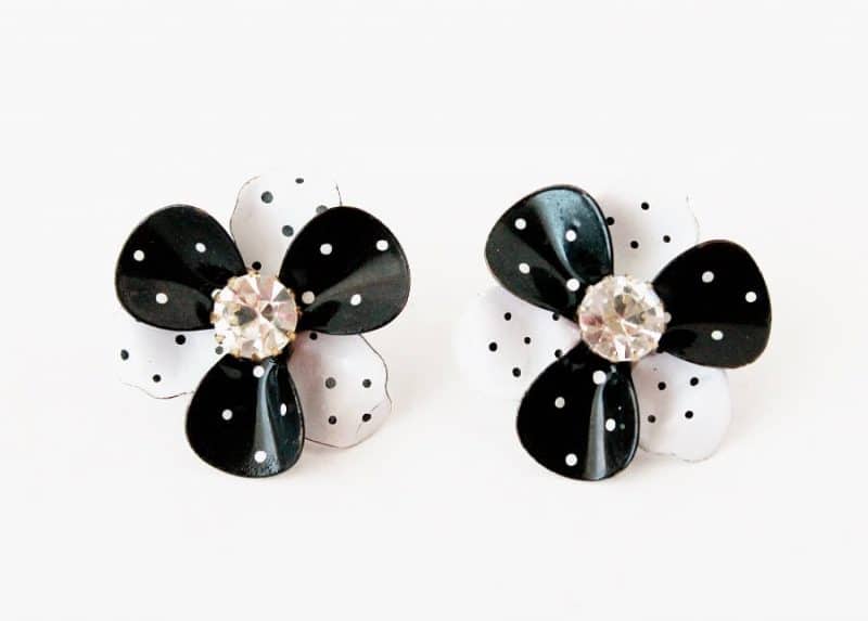 black & white polka dotted enamel flower earrings