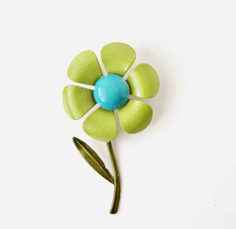 lime green and aqua enamel flower brooch pin