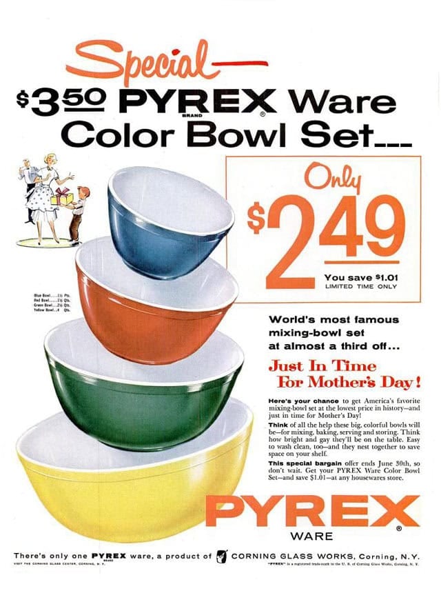 Pyex ad with 4 bowls: yellow, green, red and blue