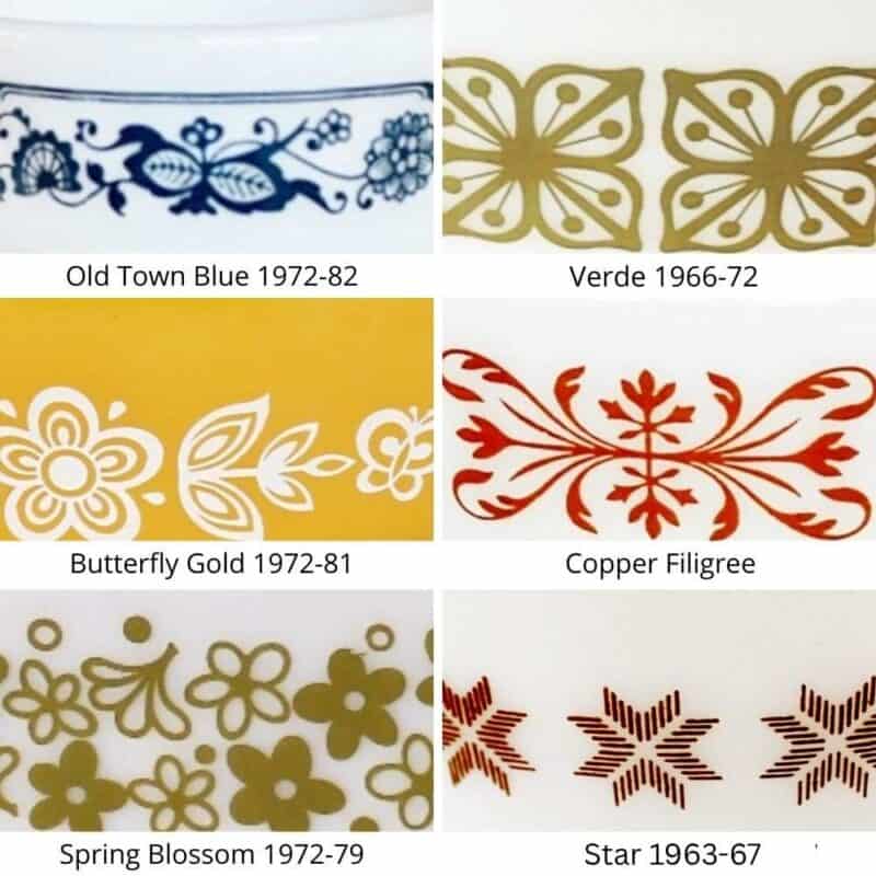 Collection of 6 Pyrex patterns: floral, stars, etc.