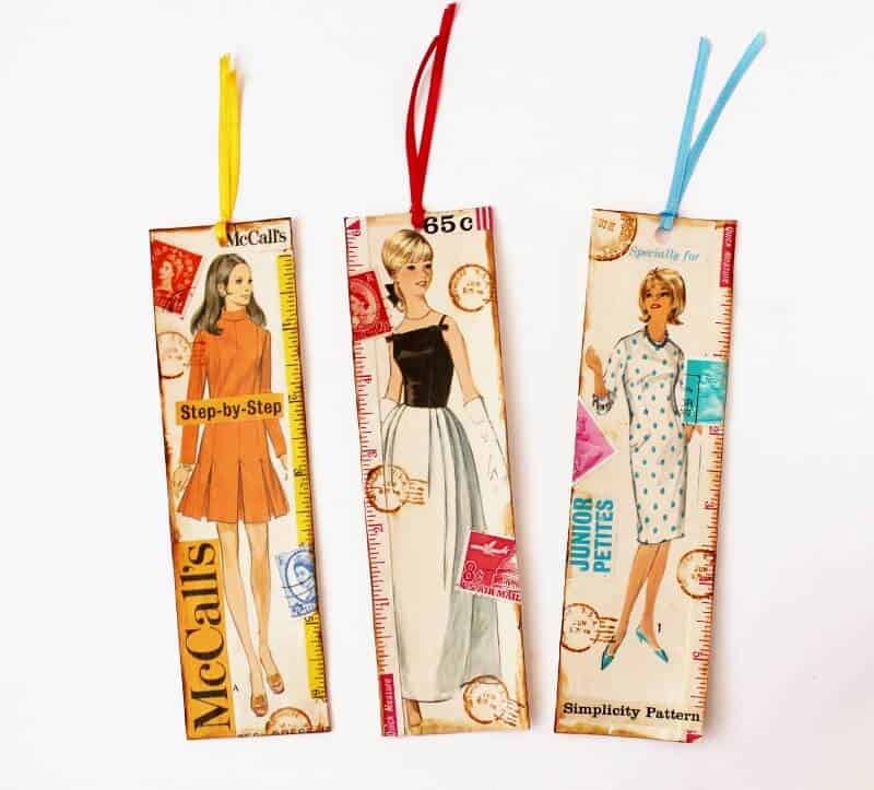 set of three bookmarks with vintage sewing pattern images of women