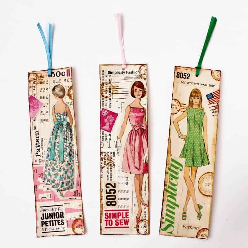 three bookmarks made from vintage sewing patterns