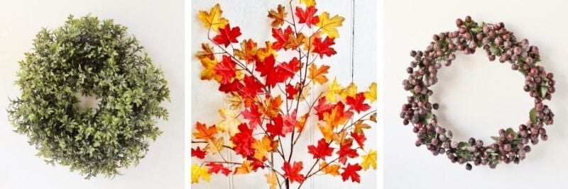 green wreath, fall leaves, berry wreath