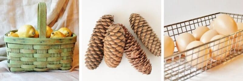 lemons in green basket, pine cones, eggs: How to make your antique booth stand out seasonally