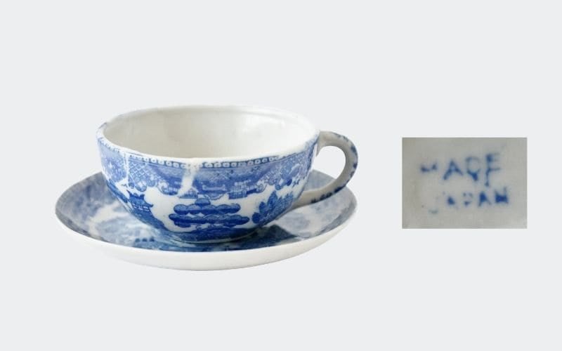 blue and white china cup and saucer with mark: Made in Japan