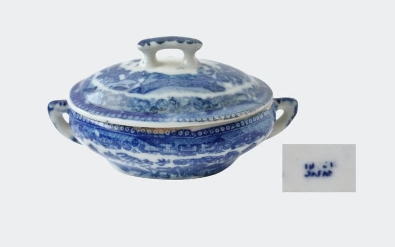 Child's toy size serving dish in blue and white with mark: Japan