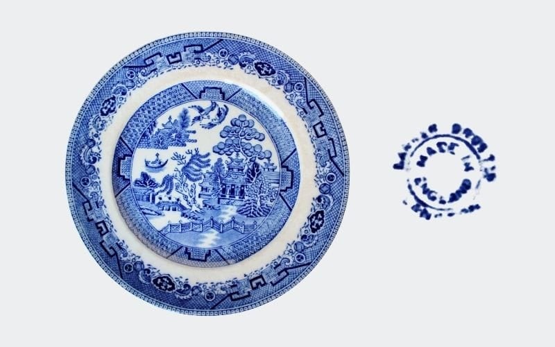 blue and white china dinner plate marked England