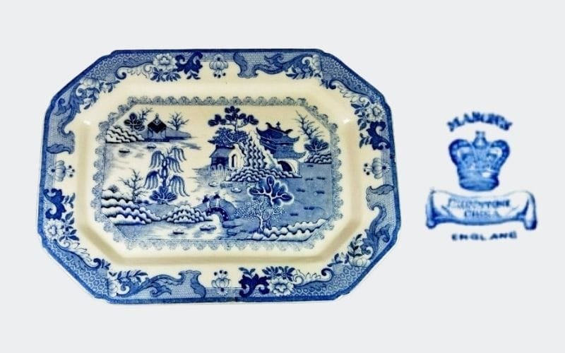 Large blue and white platter with mark: Mason's, Eng