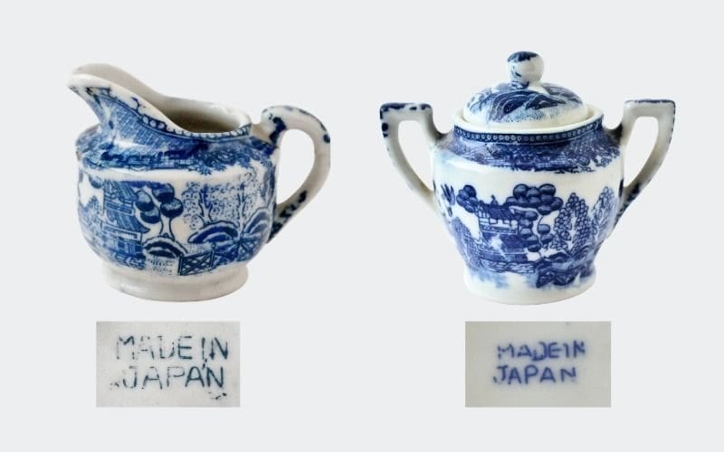 blue and white china toy cream and sugar
