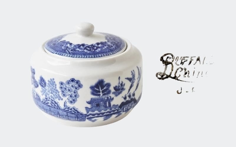 blue and white sugar bowl with mark: buffalo china