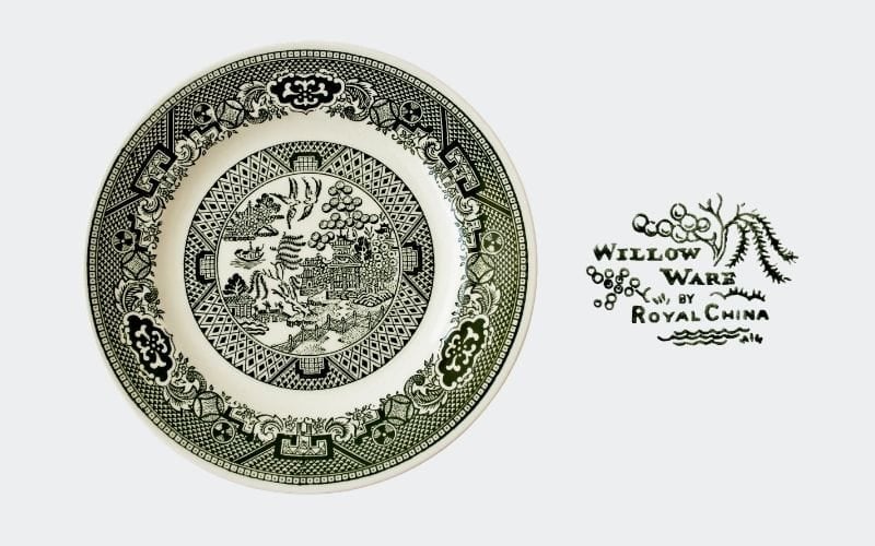 white and green china dinner plate, marked: Royal China 