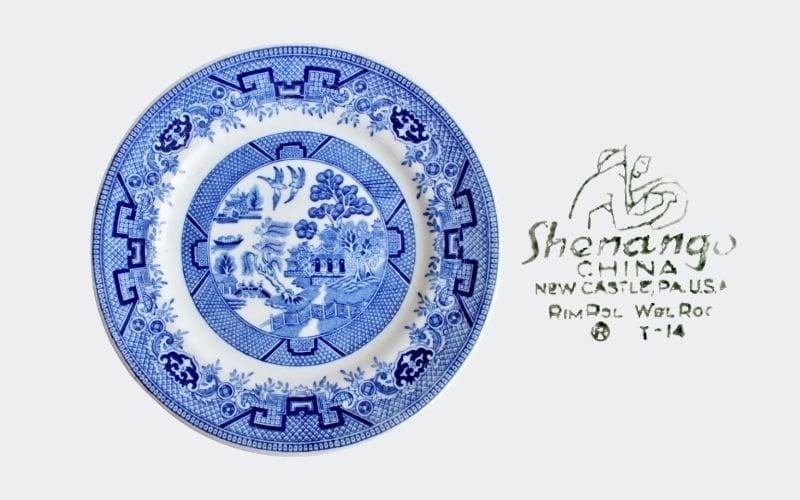 blue and white china dinner plate marked: Shenango