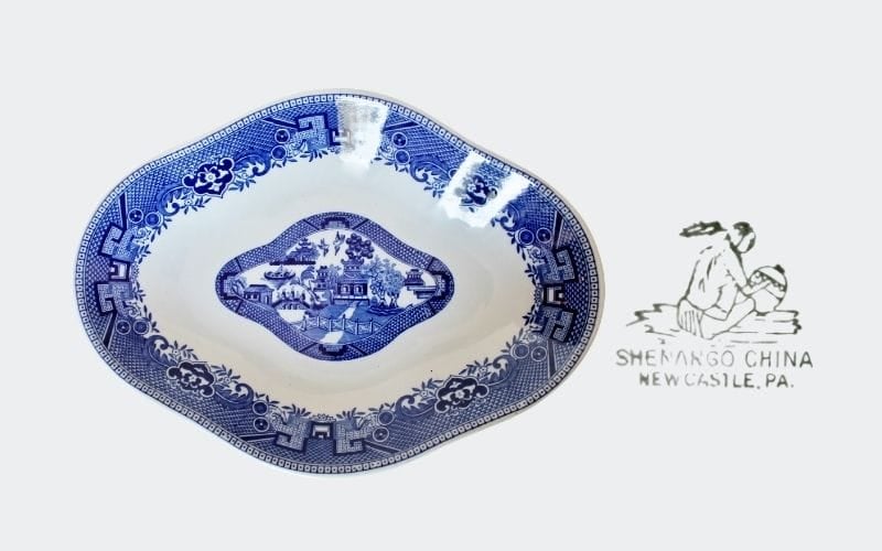 blue and white china relish dish marked: Shenango