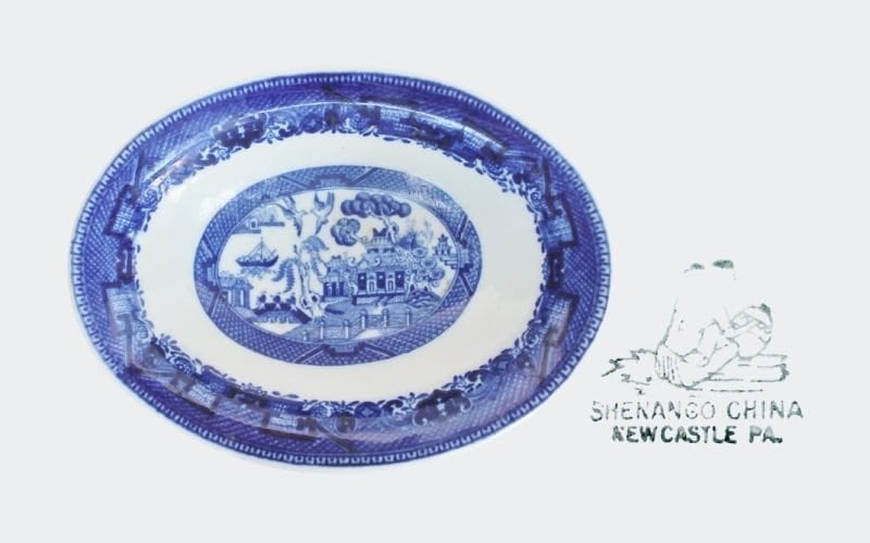 blue and white china soap dish marked: Shenango