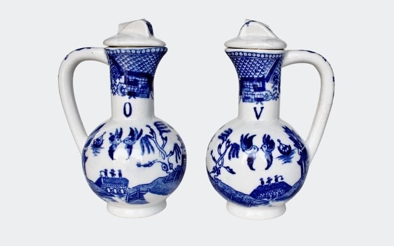 set of blue and white china oil and vinegar cruets