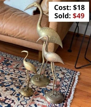 Vintage brass cranes, cost: $18, sold: $49