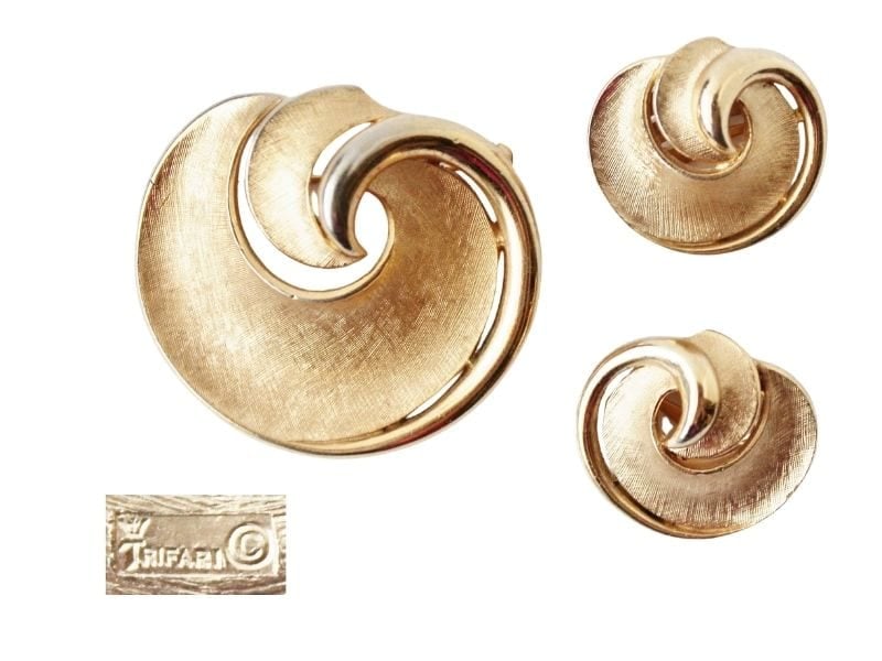 Matte gold Trifari brooch and earring set