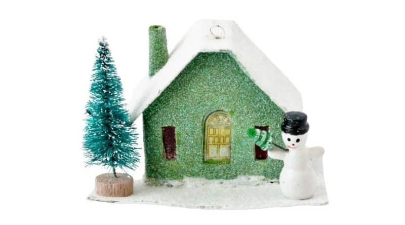 green embellished putz house with snowman