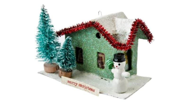 Embellished Vintage Putz House in green with snowman