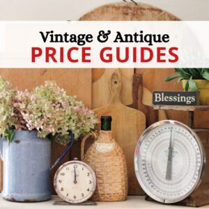 Cutting boards, clock, & scale with text: vintage and antique price guides