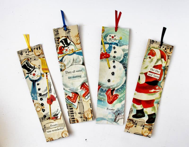 Snowmen and Santa bookmarks made from vintage little golden book pages