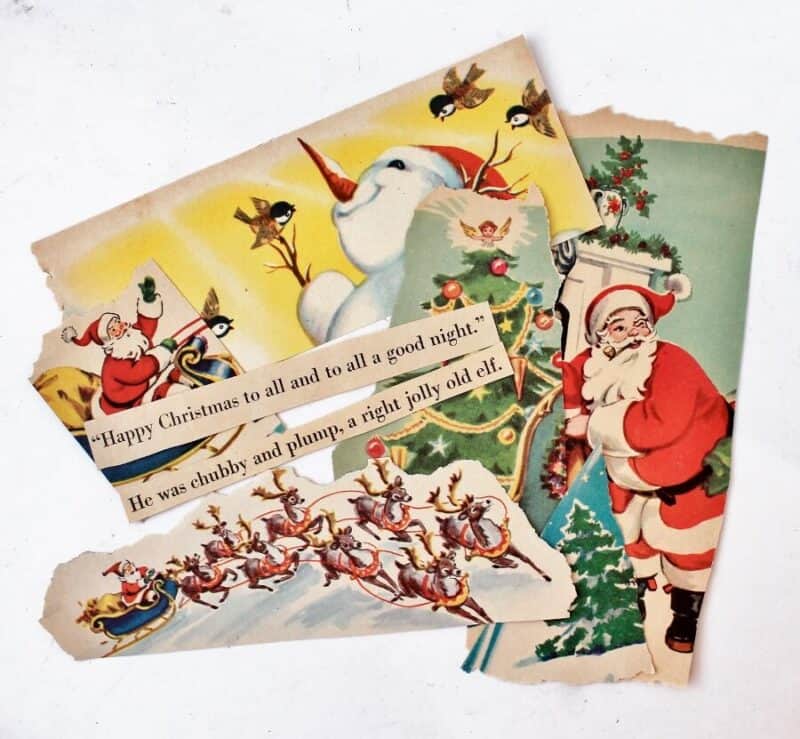 Torn pages from vintage children's Christmas books