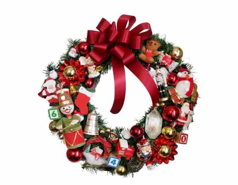 Vintage Gaudy Wreath featuring a huge assortment of vintage decorations