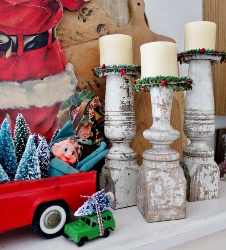Farmhouse candle holders and other Christmas decorations