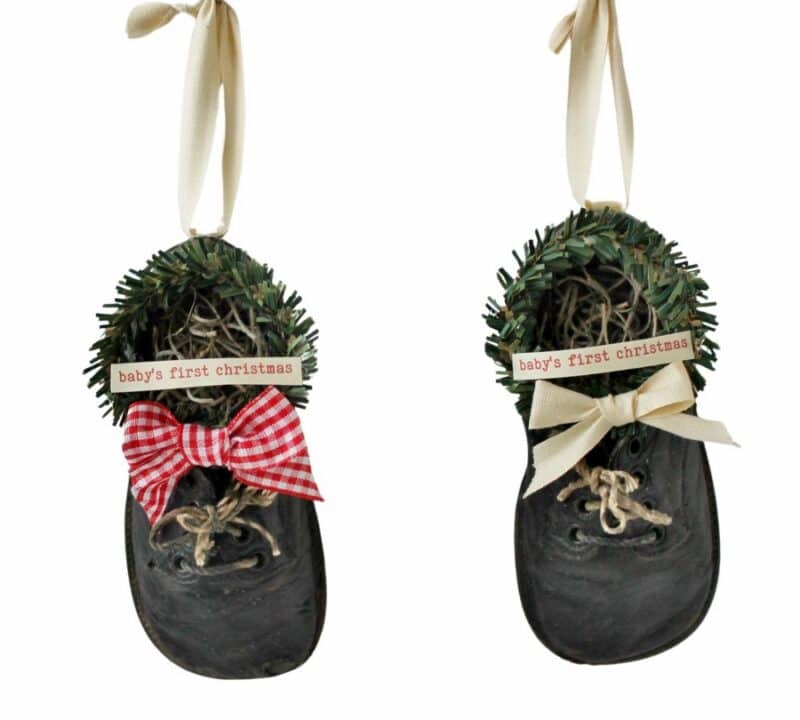 Baby's first christmas ornaments made from black baby shoes