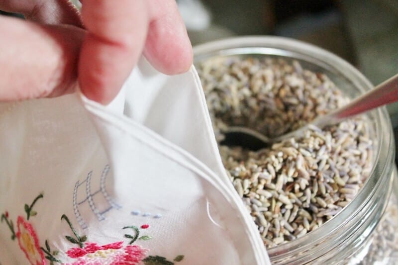 Hankie pouch being filled with lavender buds