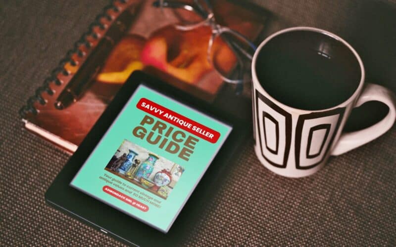 Savvy Antique Seller Price Guide on ipad next to coffee mug