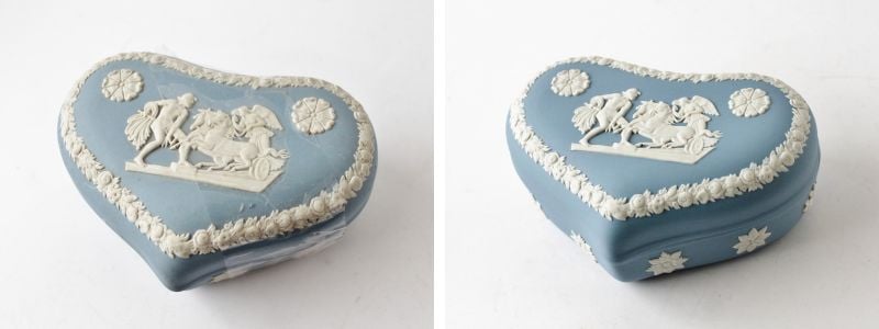 side by side dirty and clean heart shaped Wedgwood vanity jar