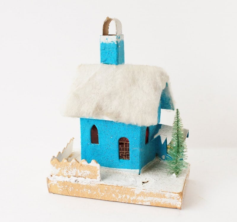 Vintage made in Japan blue putz house with cotton batting "snow" on roof