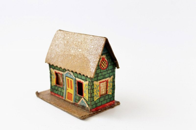 Small green vintage putz house made in USA