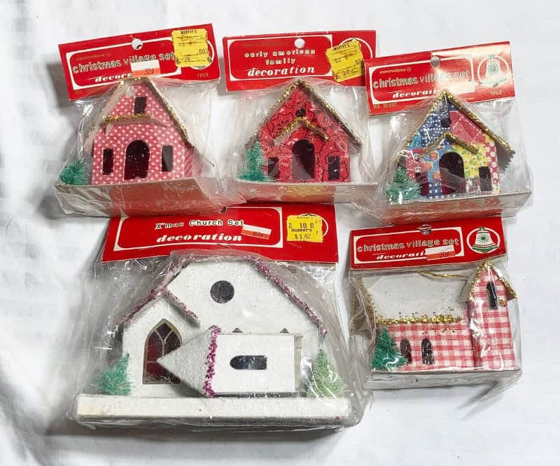 5 assorted colorful putz houses likely made in Japan