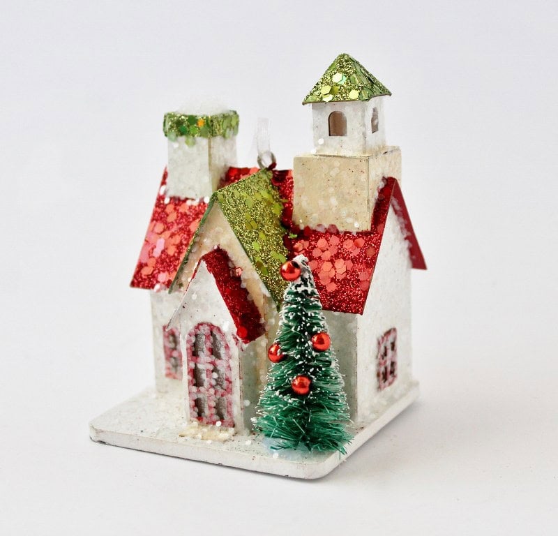 New style putz house with red roof and nice bottle brush tree