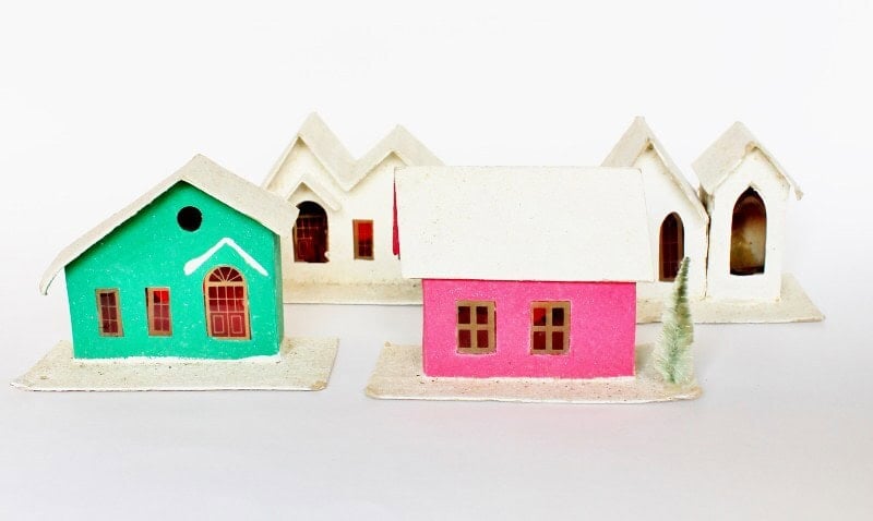 4 Putz houses made in Japan: pink, green & 2 white